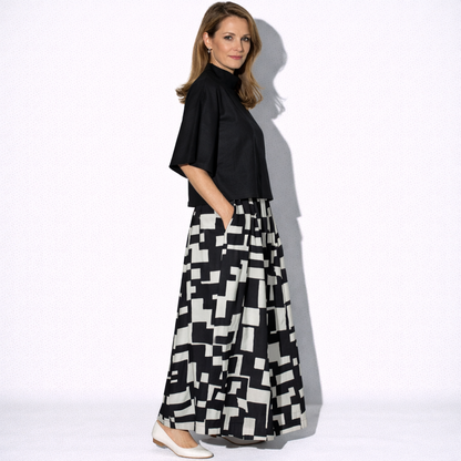 Lunea Mode® | The Noir - Abstract Print Wide Leg Skirt Set with High Neck Top