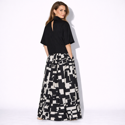 Lunea Mode® | The Noir - Abstract Print Wide Leg Skirt Set with High Neck Top