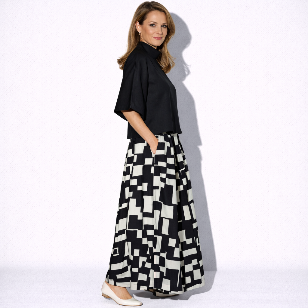 Lunea Mode® | The Noir - Abstract Print Wide Leg Skirt Set with High Neck Top