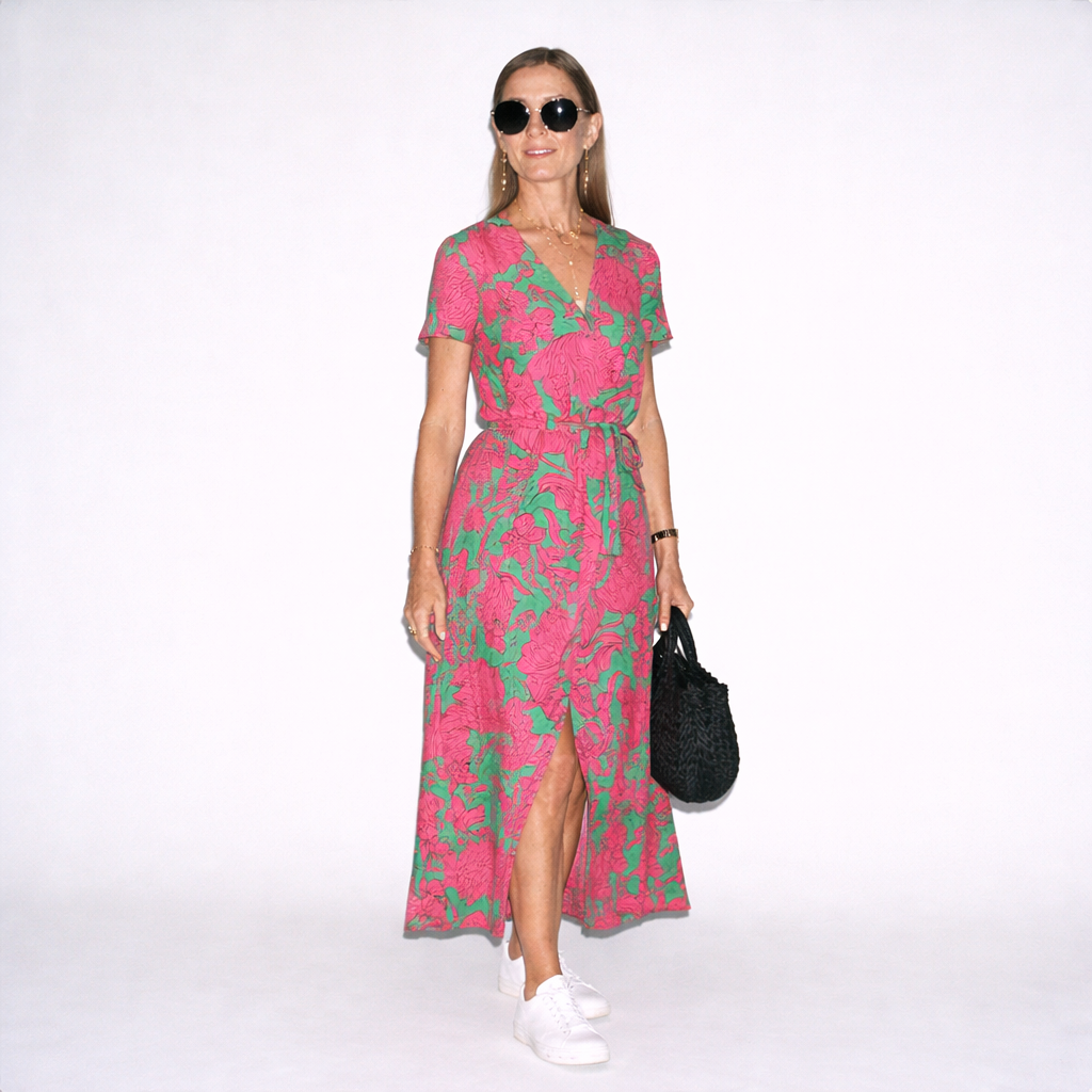 Lunea Mode® | The Flora - Botanical Print  V-Neck Wrap Midi Dress