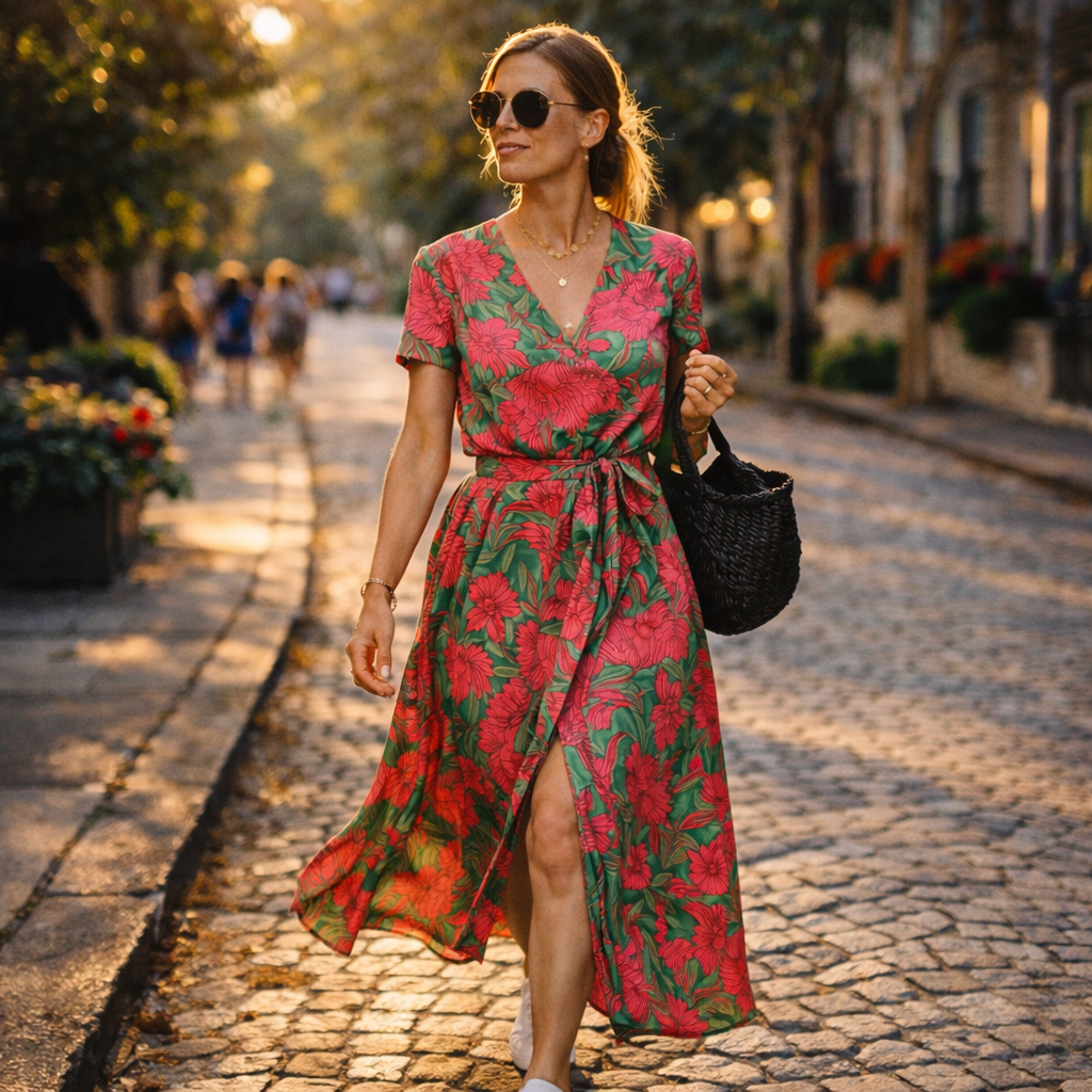Lunea Mode® | The Flora - Botanical Print  V-Neck Wrap Midi Dress
