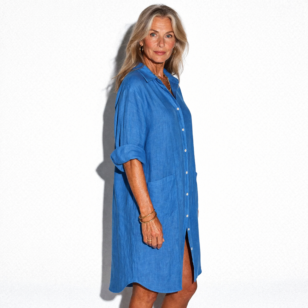 Lunea Mode® | The Rosie - Relaxed Button Front Linen Blend Shirt Dress