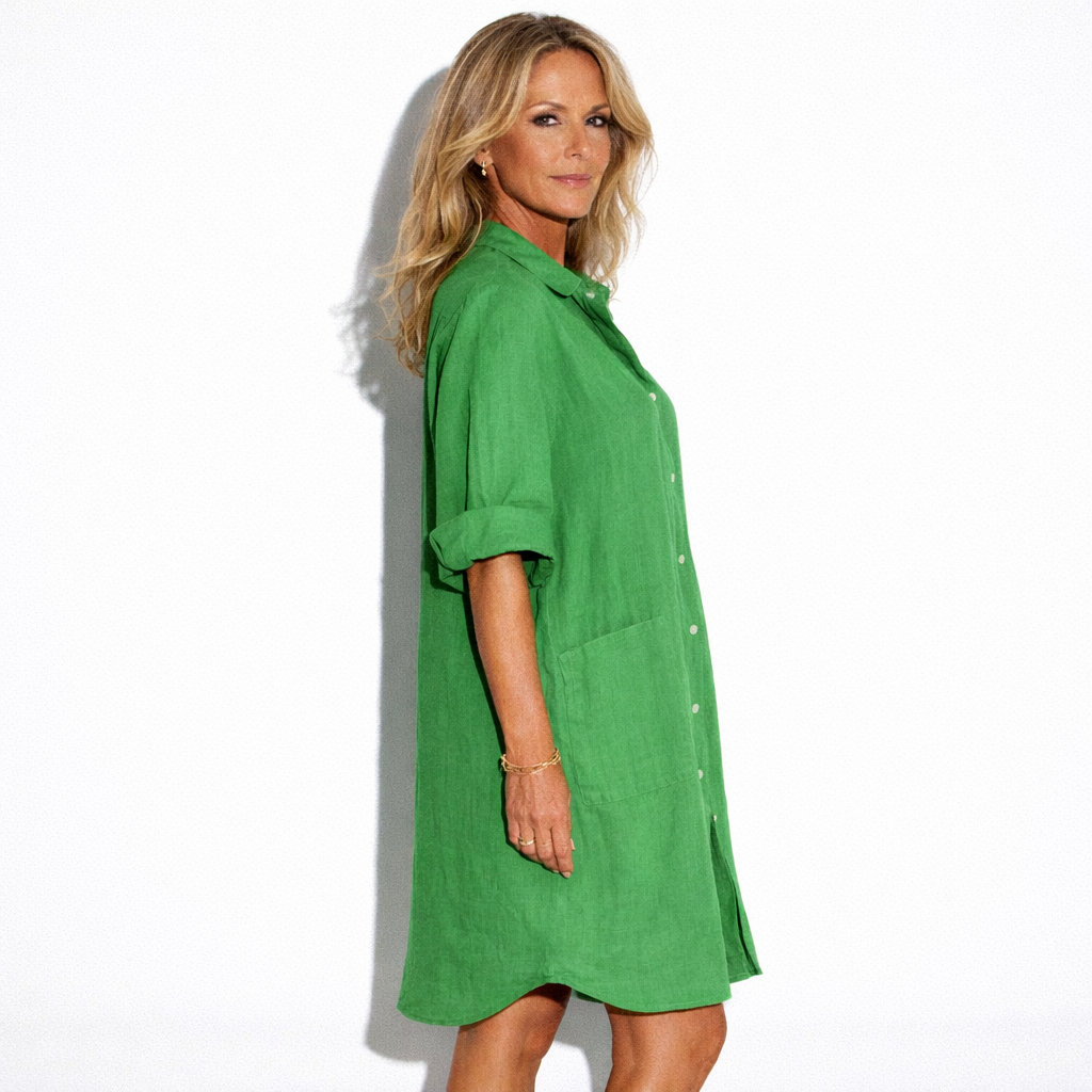 Lunea Mode® | The Rosie - Relaxed Button Front Linen Blend Shirt Dress