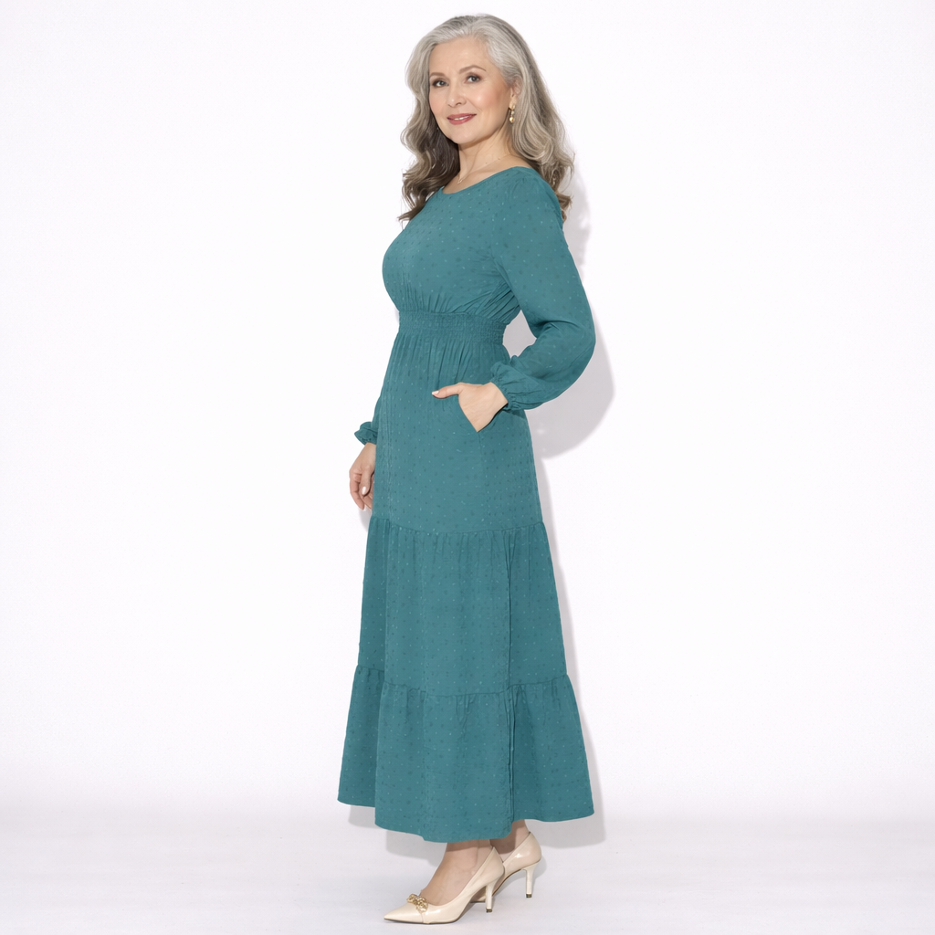 Lunea Mode® |The Daisy Vintage Tiered Long Sleeve Midi Dress