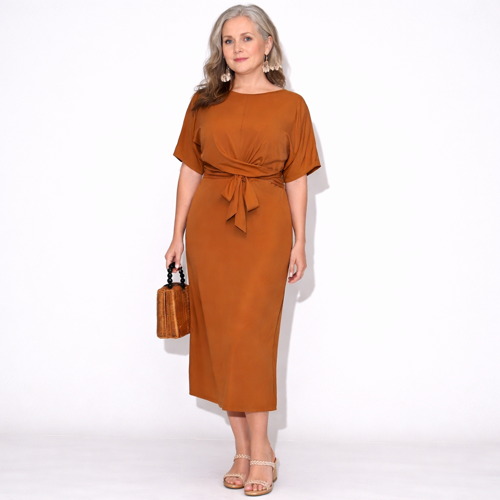 Lunea Mode® | The Vivienne - Elegant Tie Waist Batwing Midi Dress