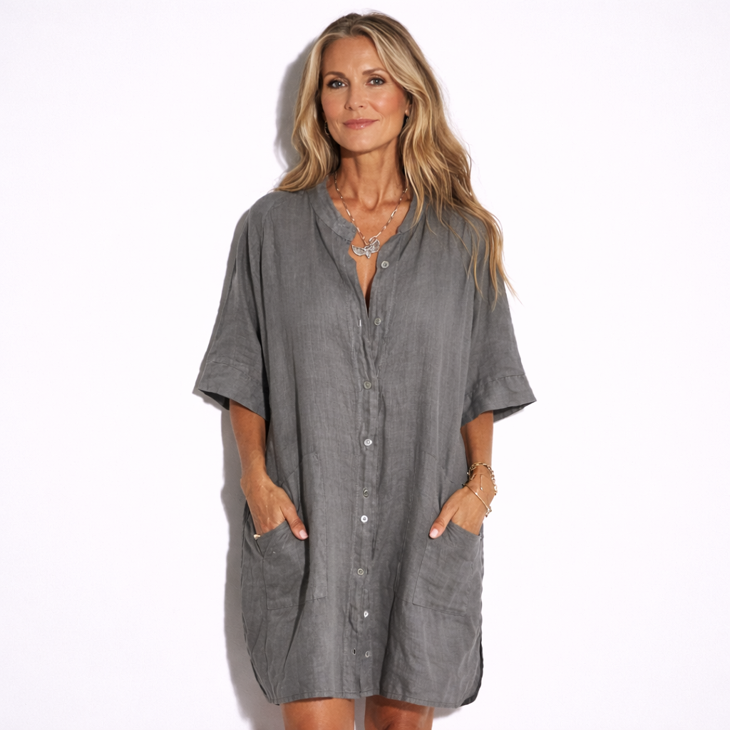 Lunea Mode® | The Rosie - Relaxed Button Front Linen Blend Shirt Dress