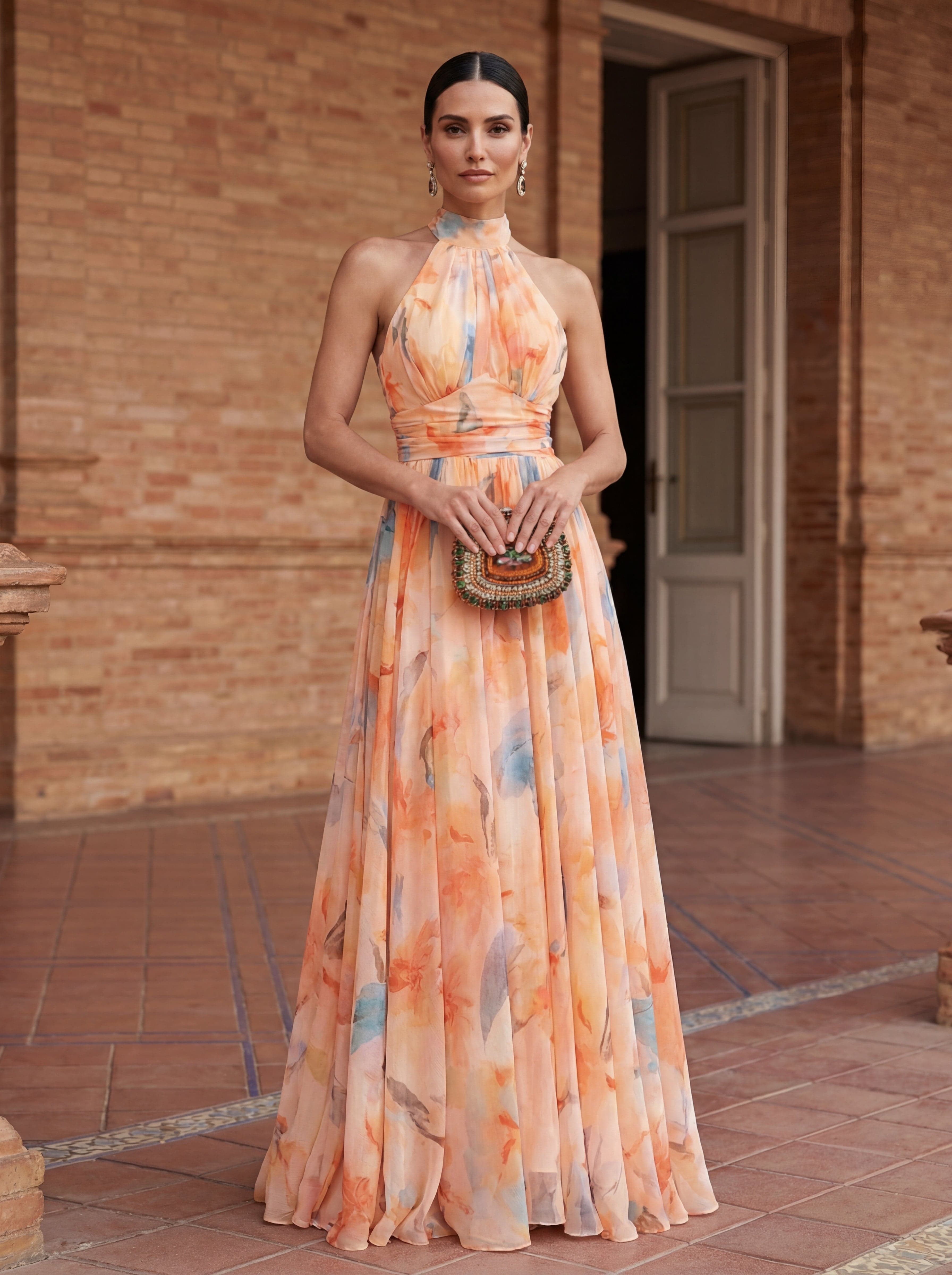 Halter Neck Dress with Watercolor Print