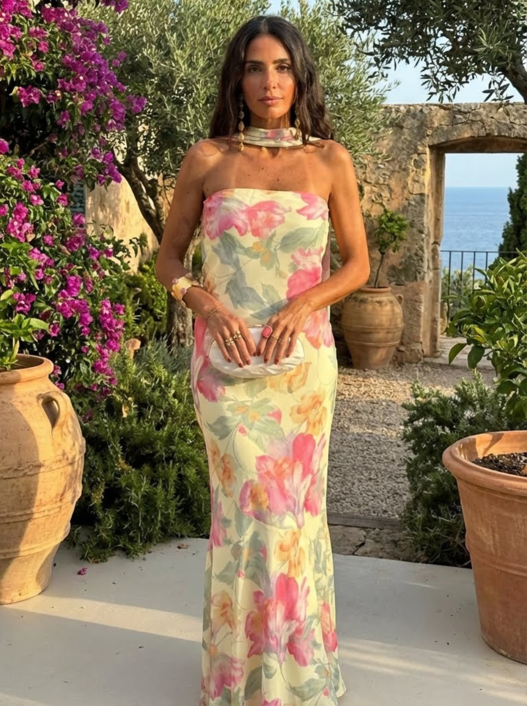 Strapless Floral Watercolor Long Dress