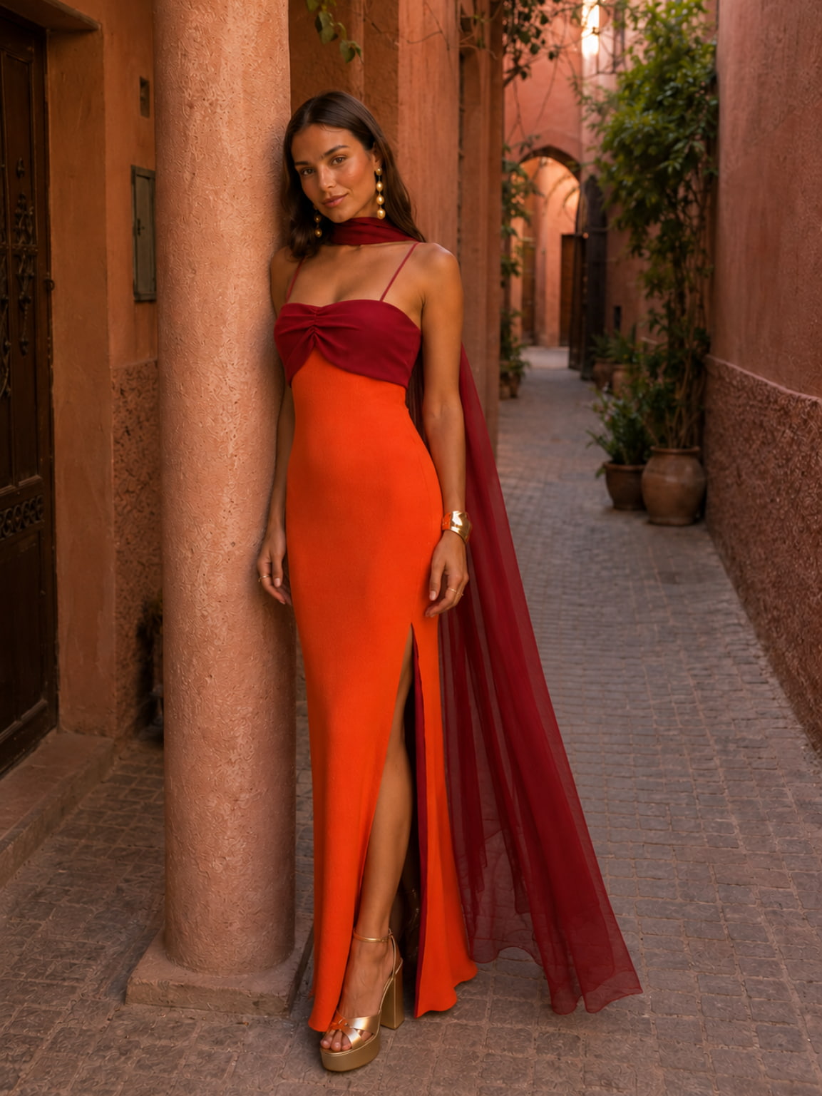 Two-tone draped long dress