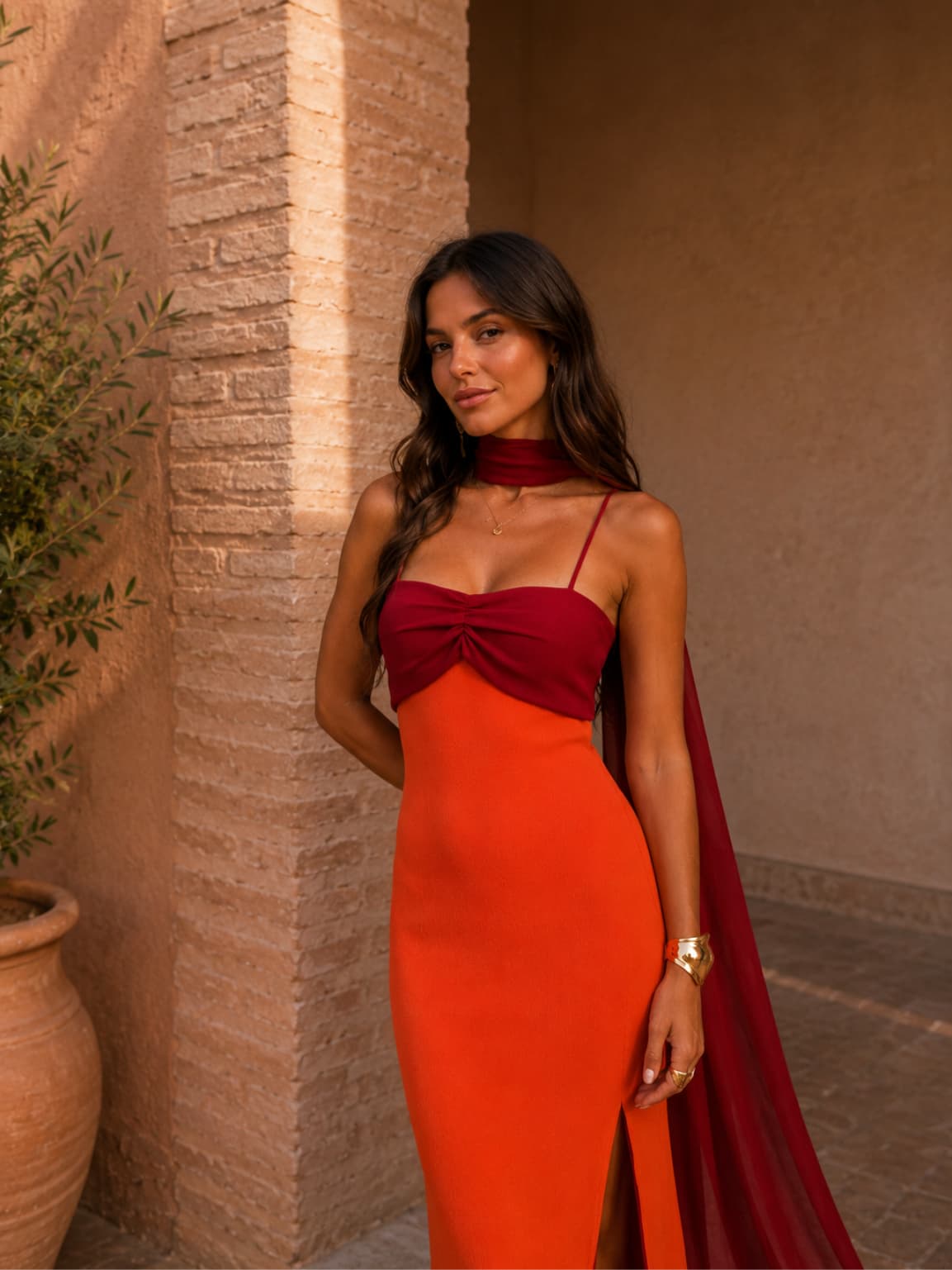 Two-tone draped long dress