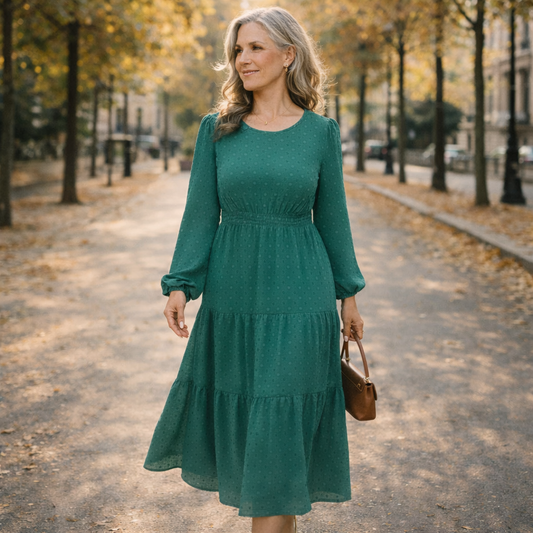 Lunea Mode® |The Daisy Vintage Tiered Long Sleeve Midi Dress