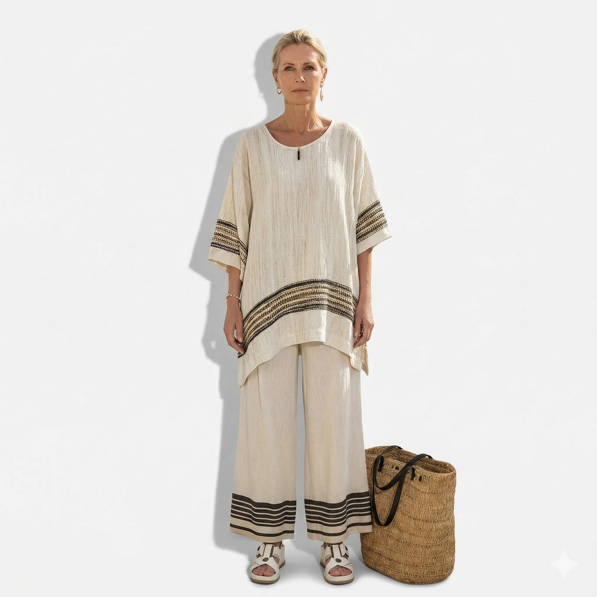 Lunea Mode® | The Harlow Elegant Black-Striped Linen Top & Flowing Pants