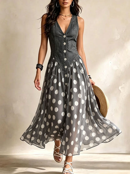 Adeline | Denim Polka Dot Maxi Dress