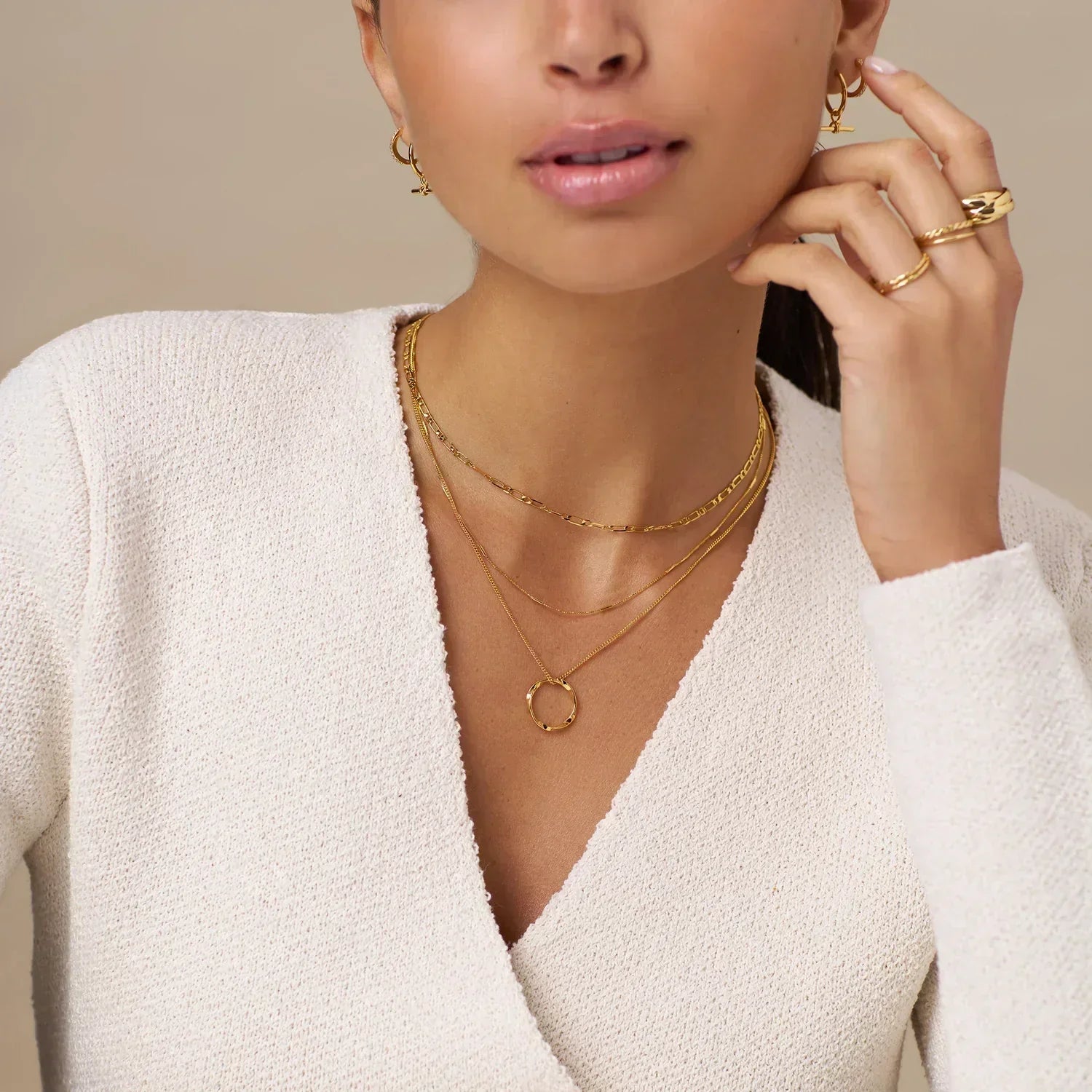 Gold Three-Row Open Hoop Necklace