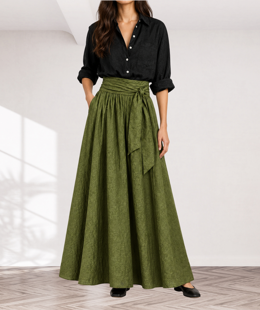 RIVER | Two-Piece Set: Black Top and Olive Green Midi Skirt