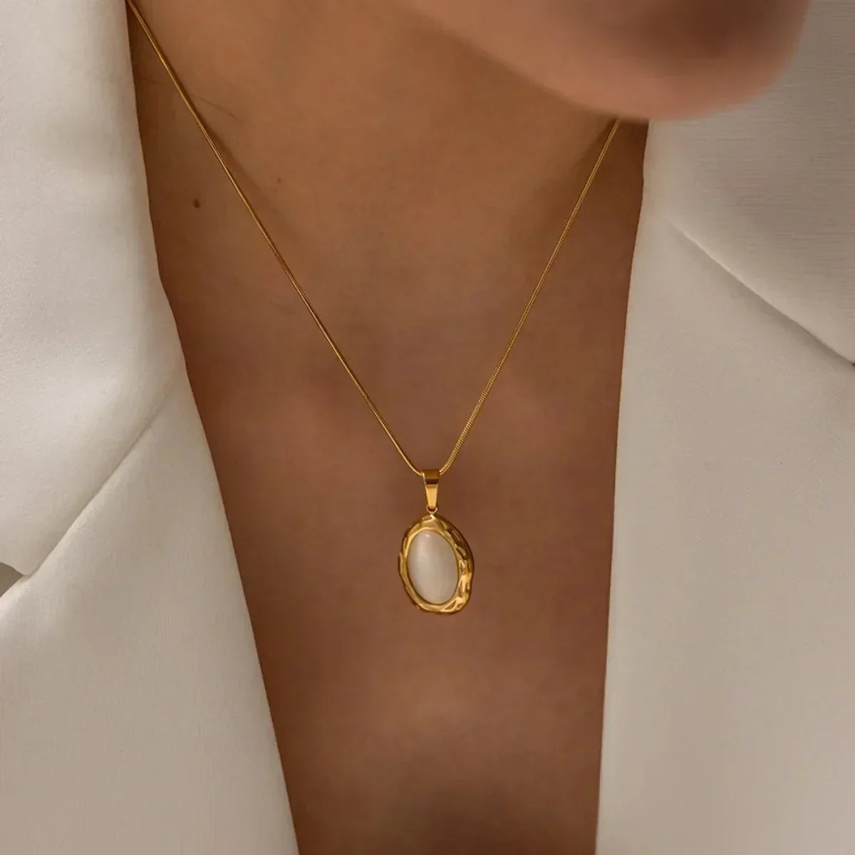 Gold-Plated Oval Cat’s Eye Opal Necklace