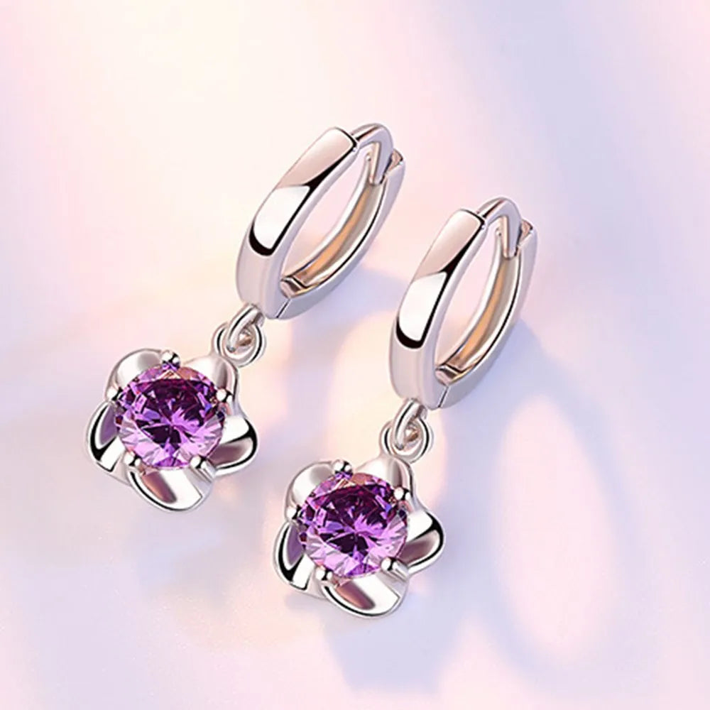 Silver Earrings with Purple and White Cubic Zirconia