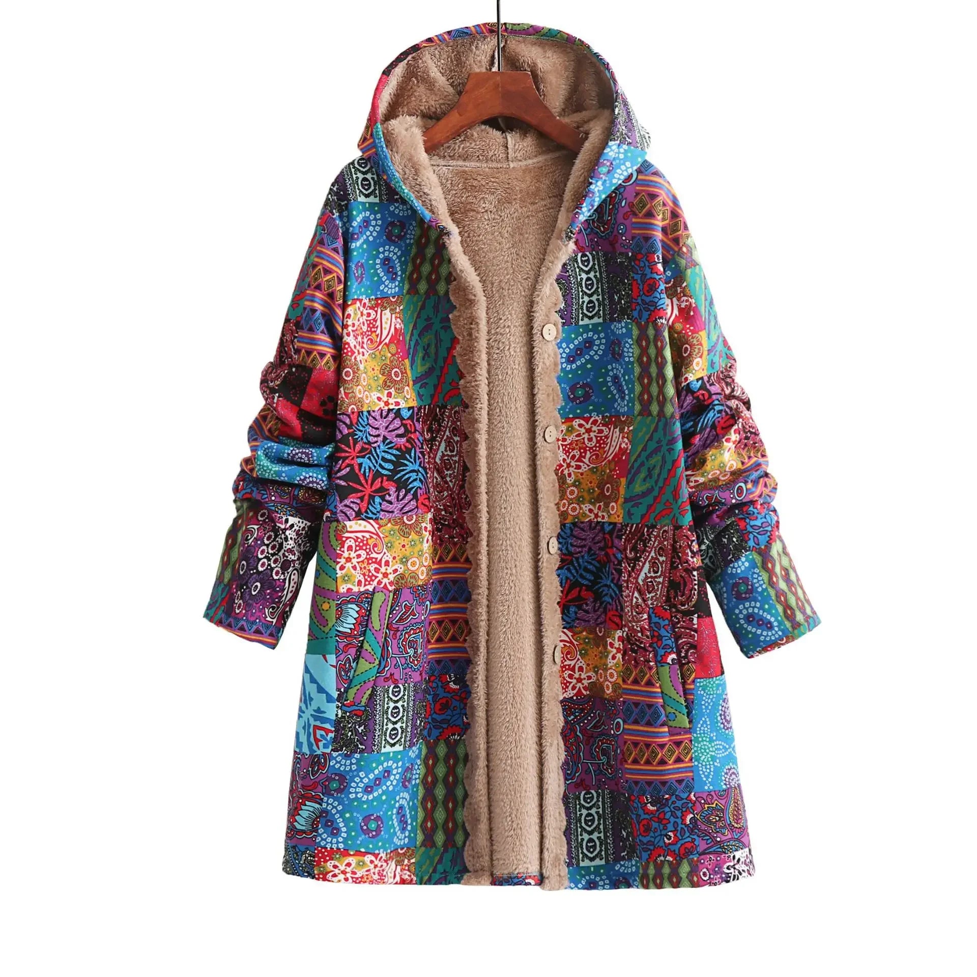 Winter Warm Plush Hooded Sweatshirt Cotton Linen Print Women's Fashion Outerwear Geometric Pattern Full Sleeve Polyester Fiber