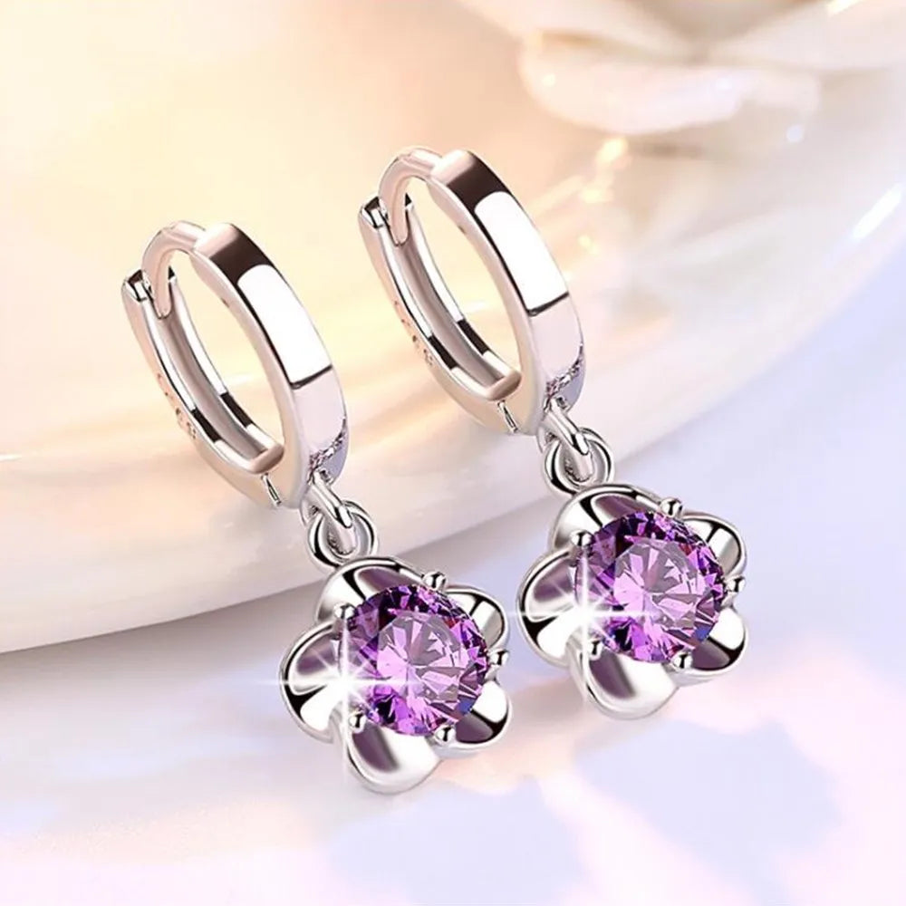 Silver Earrings with Purple and White Cubic Zirconia