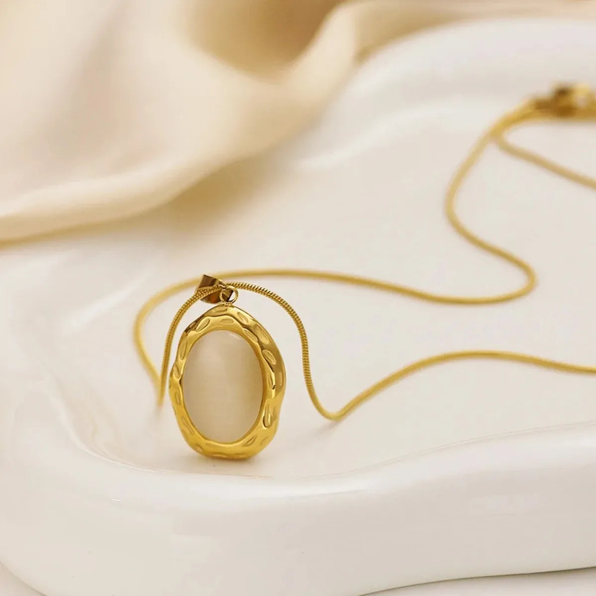 Gold-Plated Oval Cat’s Eye Opal Necklace