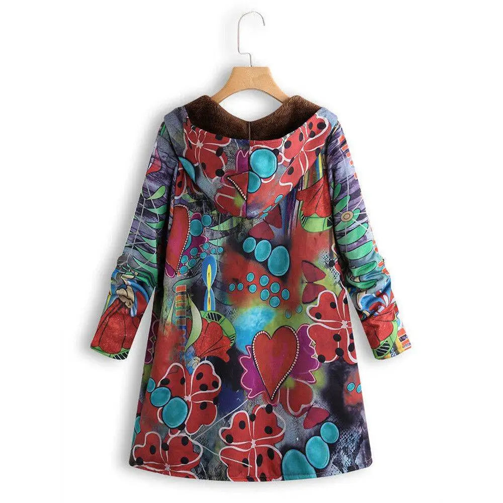 Plus Size Thickened Composite Cotton Jacket with Hood Long Sleeve Women's Fashion Print Outerwear Polyester Fabric Commute Style