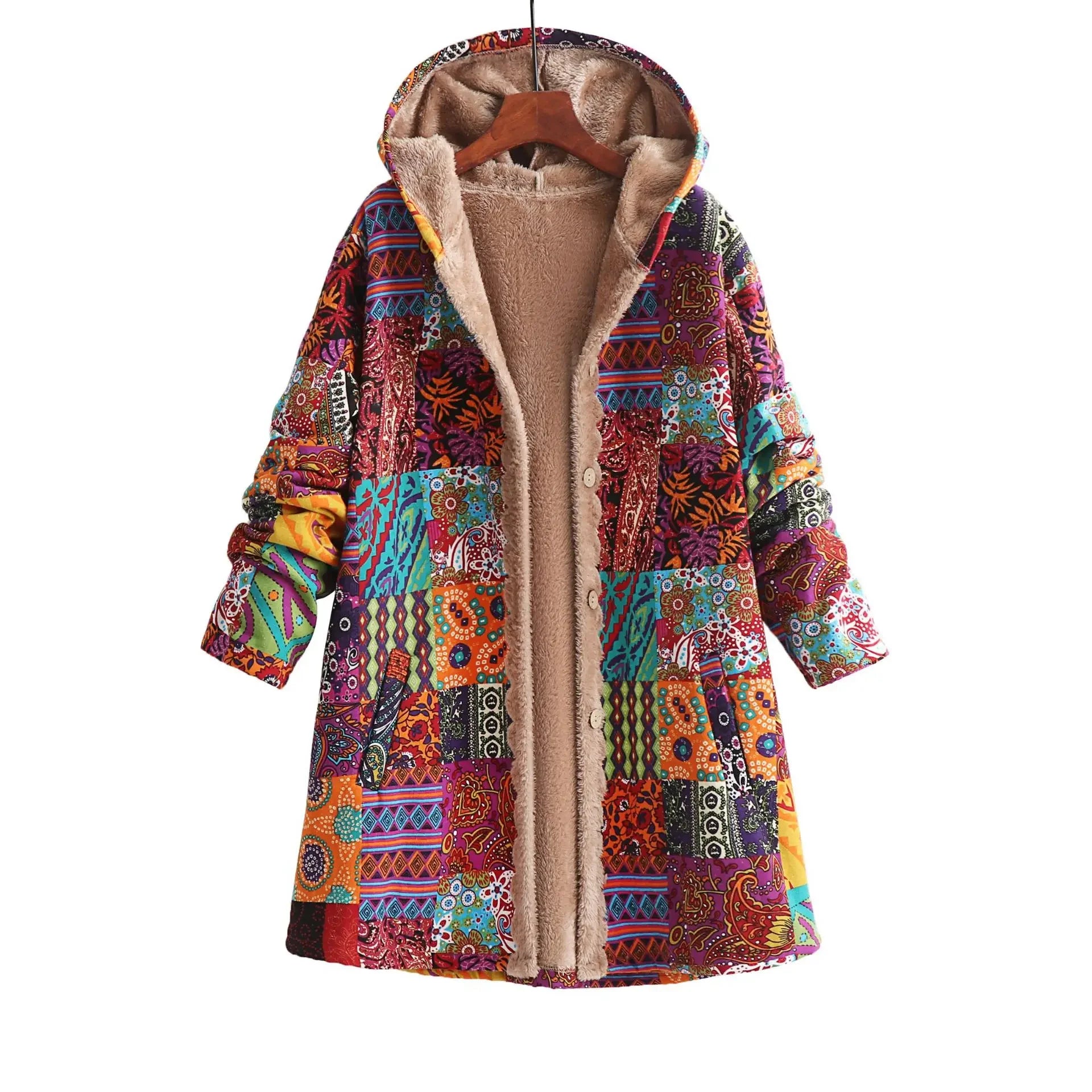 Winter Warm Plush Hooded Sweatshirt Cotton Linen Print Women's Fashion Outerwear Geometric Pattern Full Sleeve Polyester Fiber