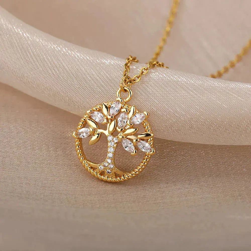 Gold Tree of Life Necklace with Cubic Zirconia