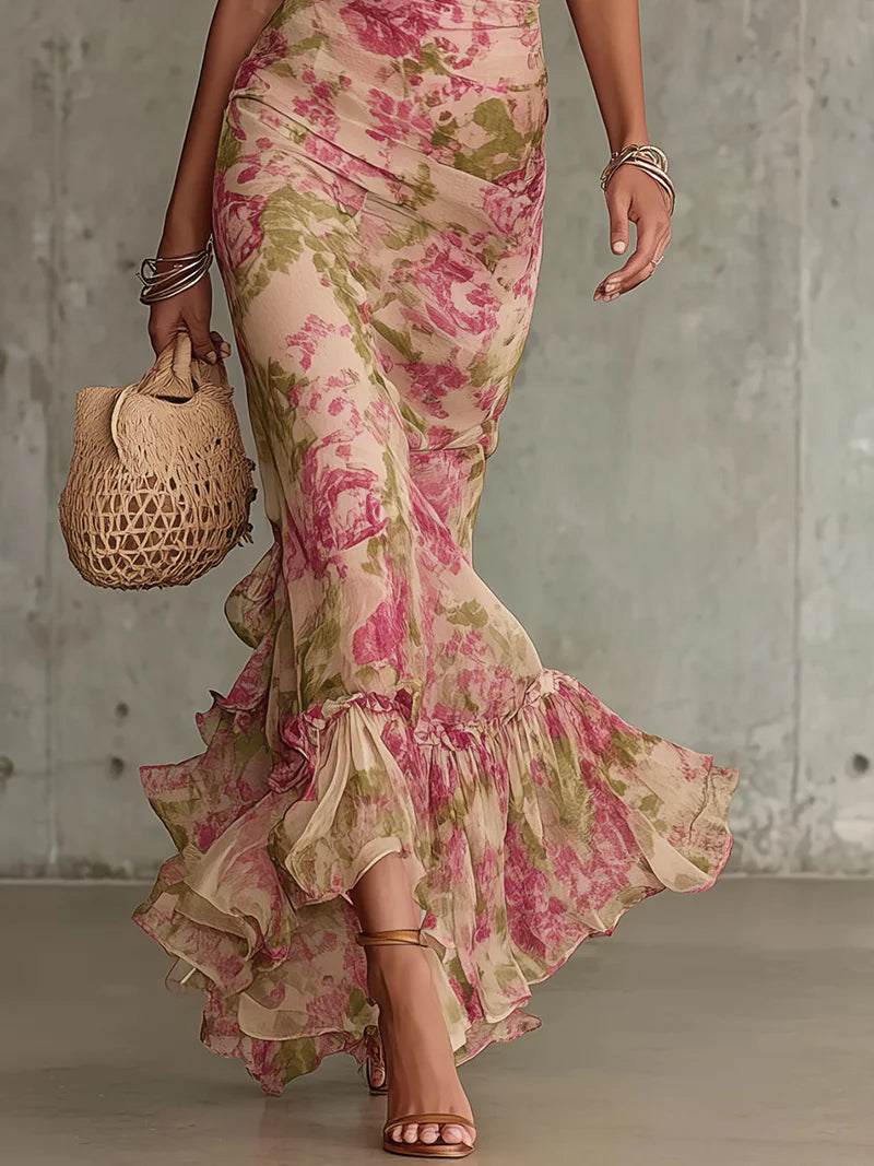 Vintage Rose Print Maxi Dress With Puff Sleeves (Accessories not included)