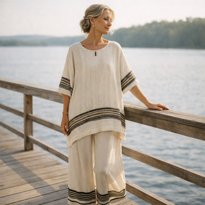 Lunea Mode® | The Harlow Elegant Black-Striped Linen Top & Flowing Pants
