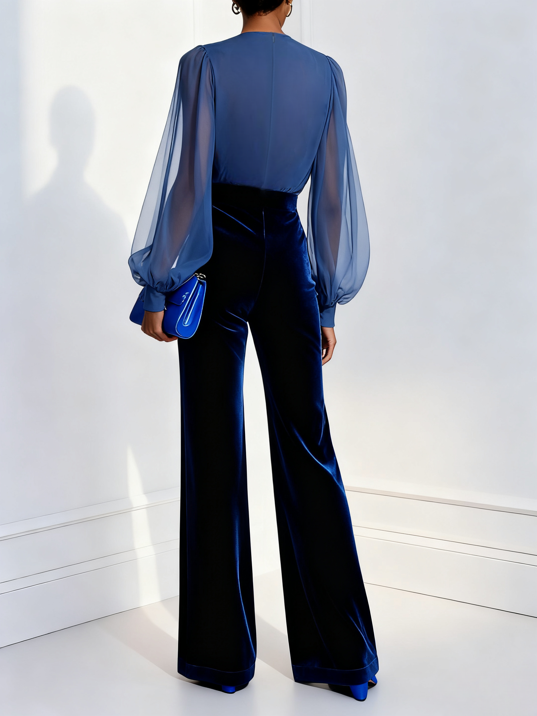 Zaira - Long Velvet Jumpsuit with V-Neck and Long Blue Mesh Sleeves
