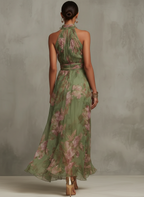 Ruth™ | Green Floral Halter Chiffon Maxi Dress