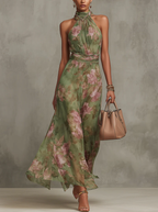 Ruth™ | Green Floral Halter Chiffon Maxi Dress