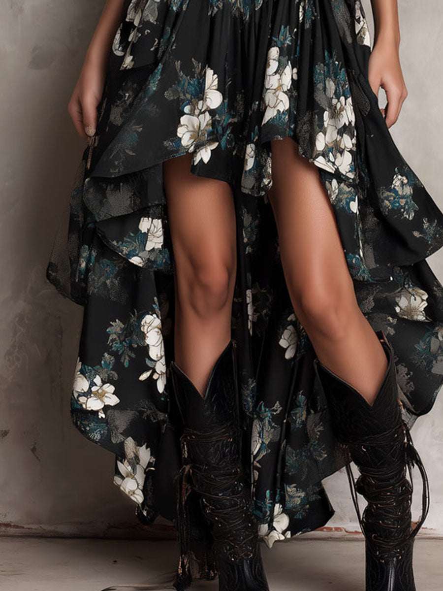 Black Bohemian Floral Print Irregular Strapless Maxi Dress