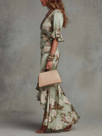 Anna™ | Green Satin Asymmetrical Floral Dress