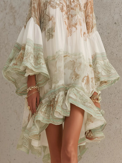Mirabel | Ivory Boho Print High-Low Hem Mini Dress