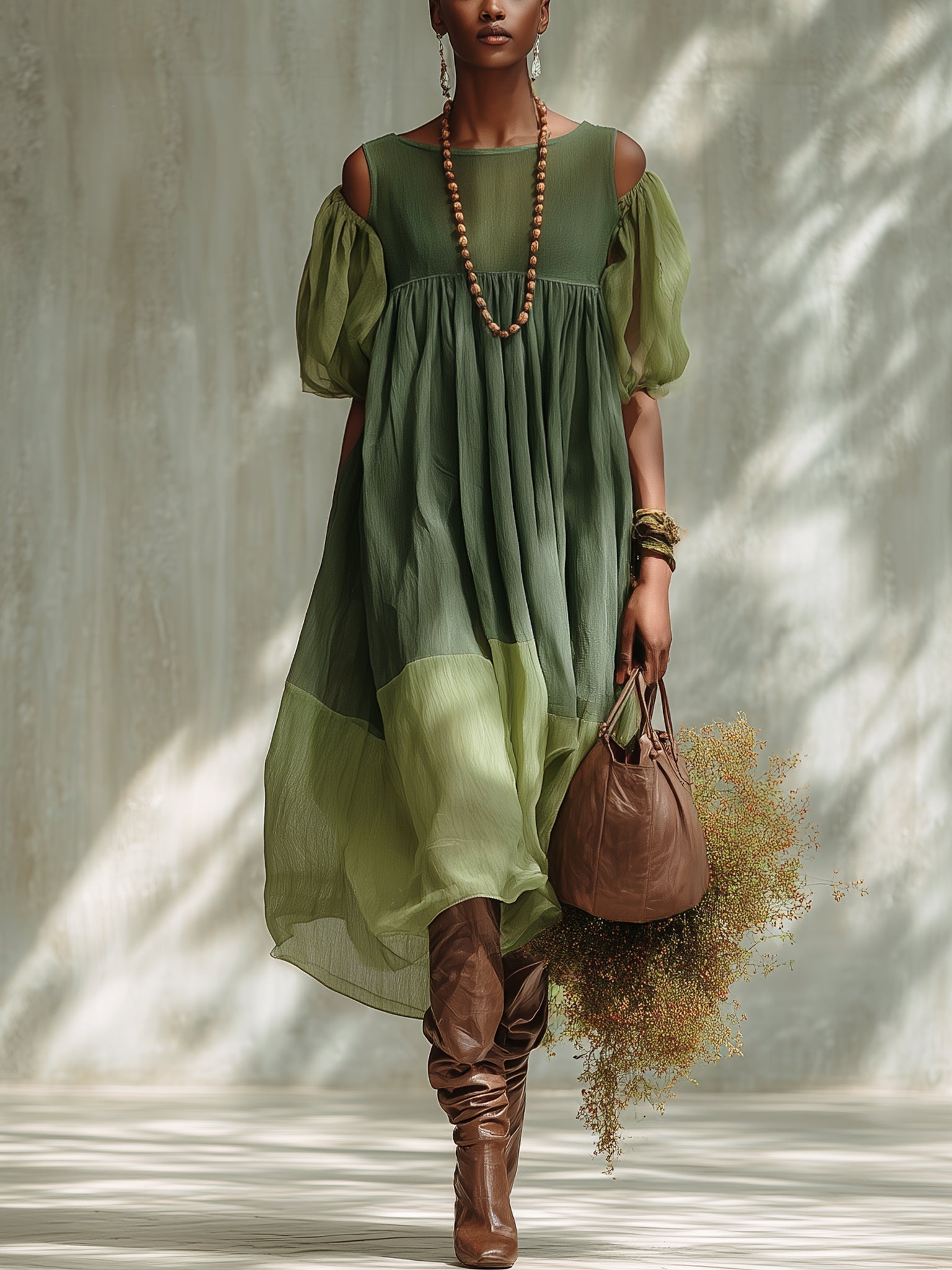 Green Chiffon Off Shoulder Short Sleeve Midi Dress