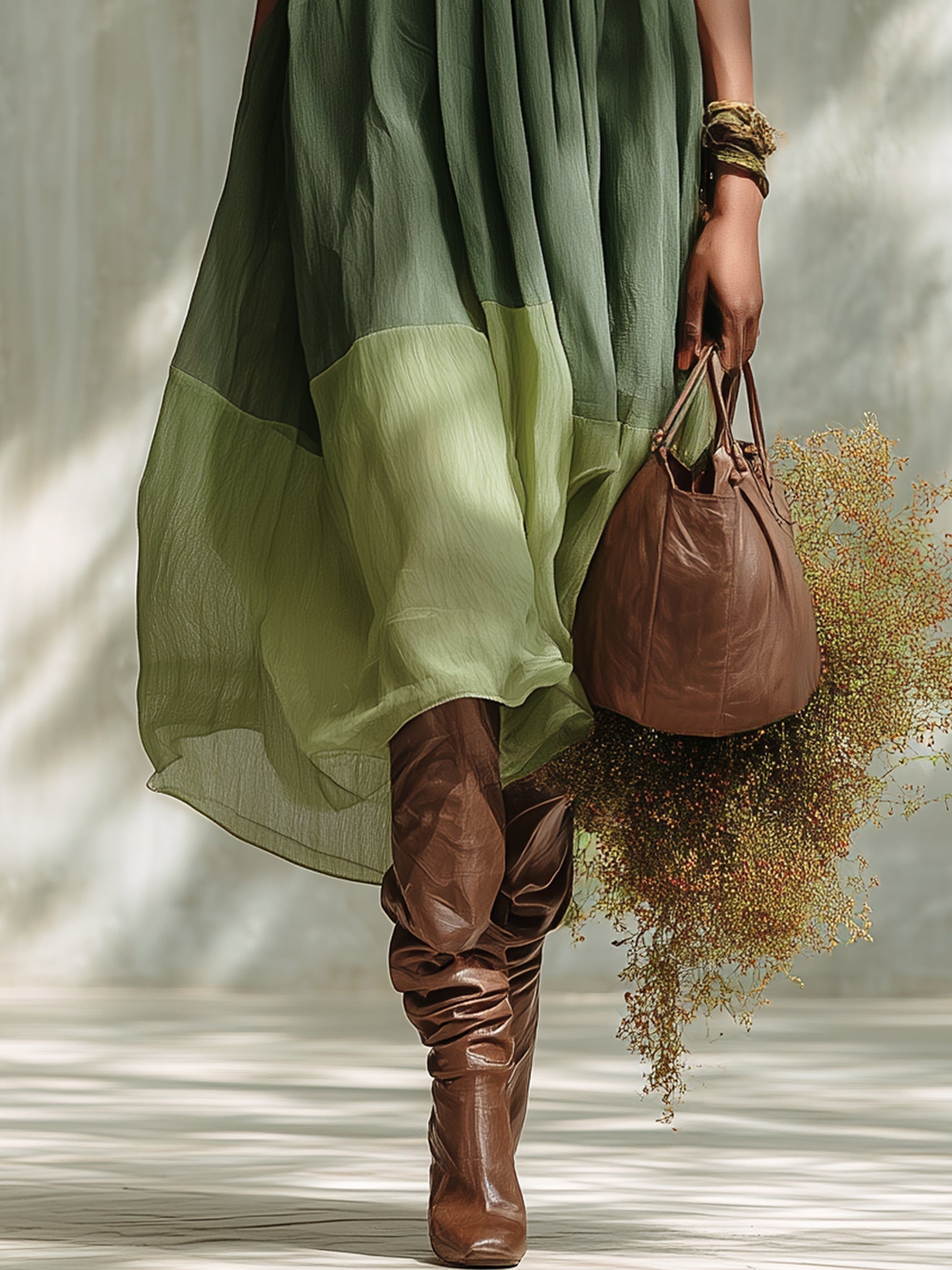 Green Chiffon Off Shoulder Short Sleeve Midi Dress