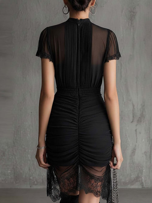 Black Chiffon Pleated Waist Lace-trimmed Mini Dress
