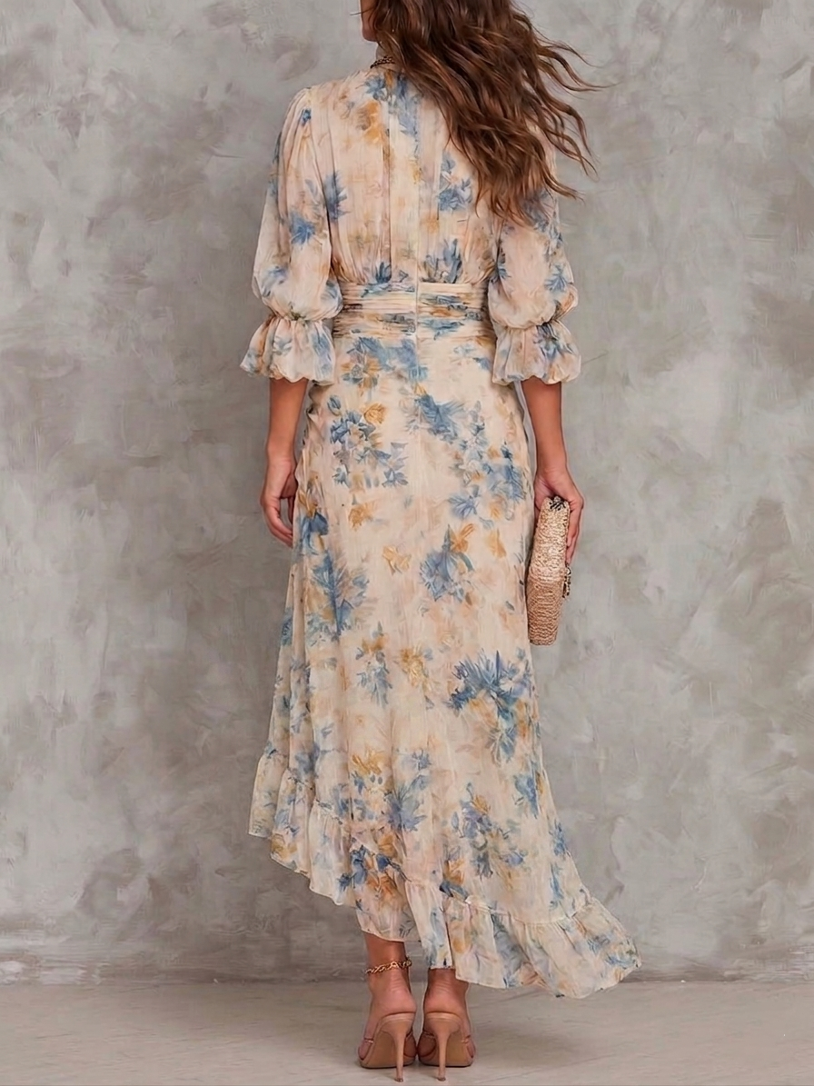 Beige Turtleneck Oil Painting Floral Print Irregular Chiffon Maxi Dress