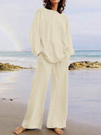 Solid Color Loose Long Sleeve Round Neck Shirt Top + Drawstring Pants Two-Piece Set