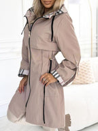 Hooded Plaid Trim Drawstring Long Jacket – Slim Fit Casual Windproof Coat
