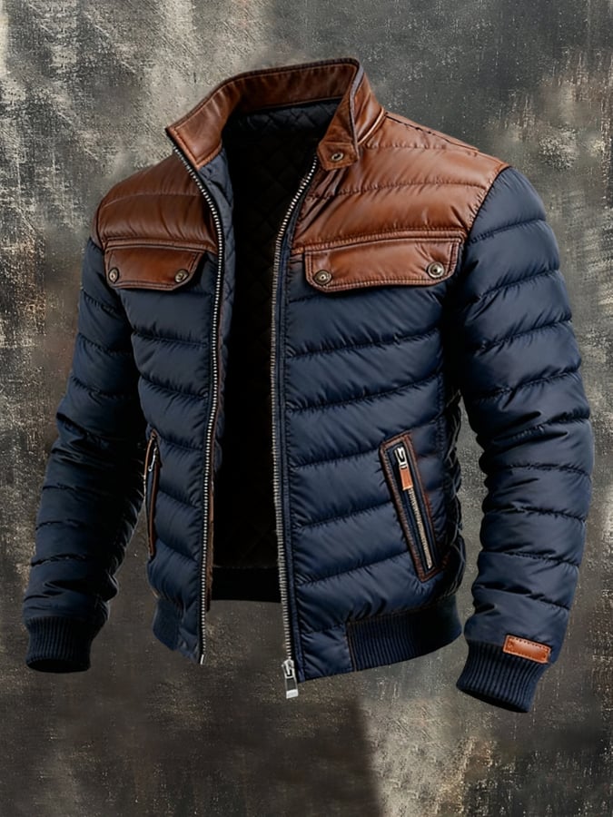 Oskar | Navy Quilted Jacket with Leather Inserts