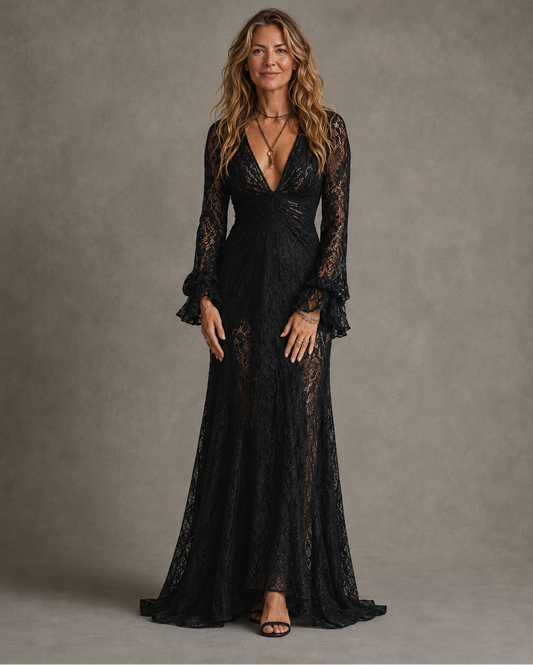 Morgana | Black Plunge V-Neck Sleeve Maxi Dress