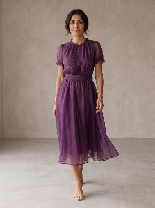 Flavia | Chiffon Maxi Dress with Keyhole Neckline and Lace Trim