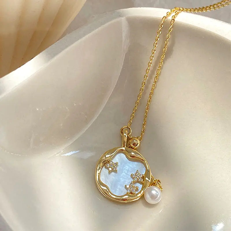 Gold Moonstone and Pearl Necklace