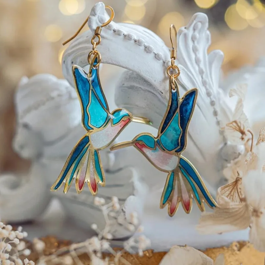 Gold Hummingbird Drop Earrings with Blue Enamel