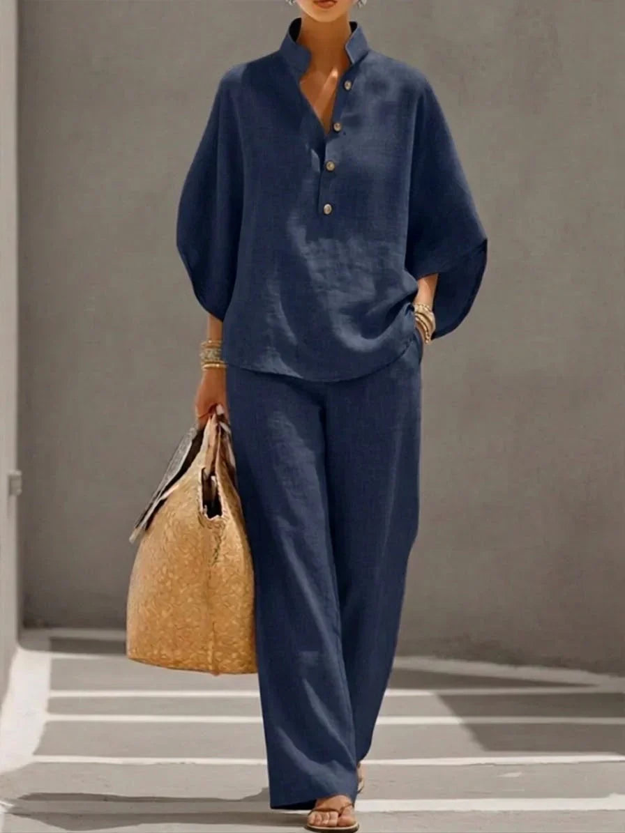 Sophie | Linen-Effect Batwing Sleeve & Wide-Leg Trousers Set