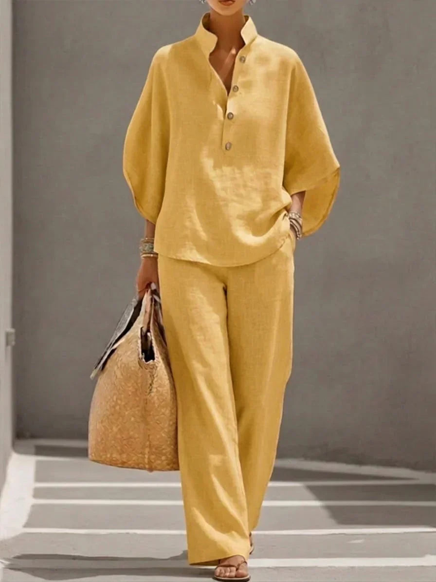 Sophie | Linen-Effect Batwing Sleeve & Wide-Leg Trousers Set