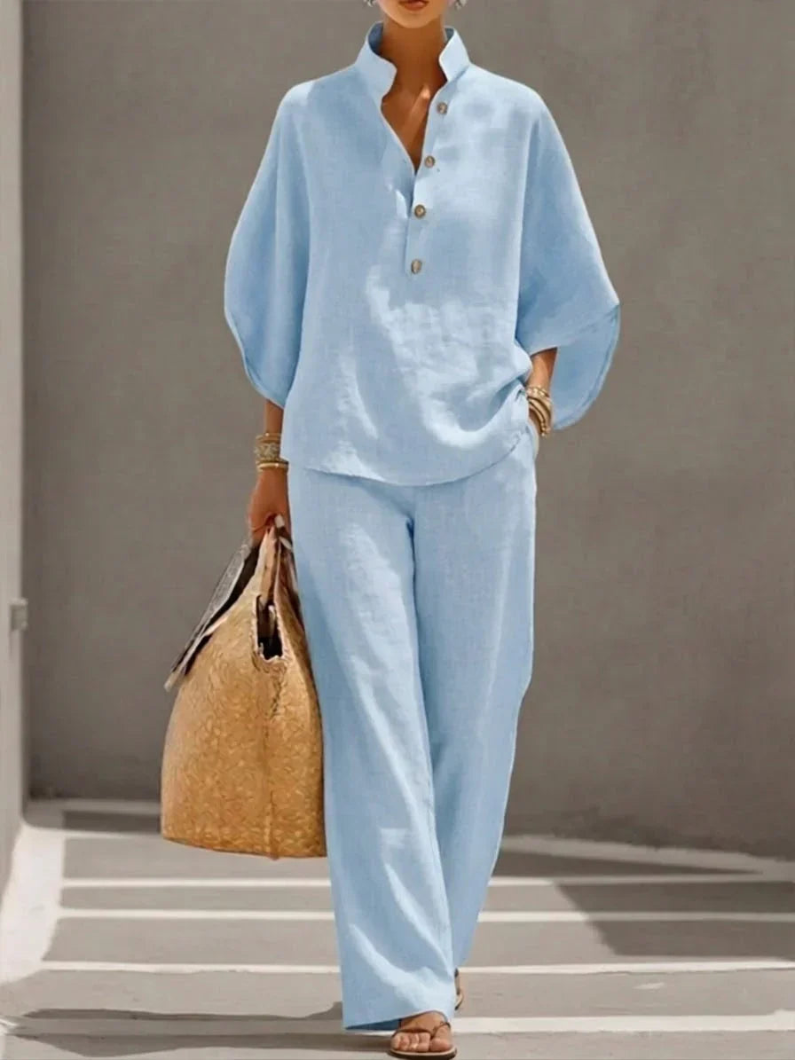 Sophie | Linen-Effect Batwing Sleeve & Wide-Leg Trousers Set