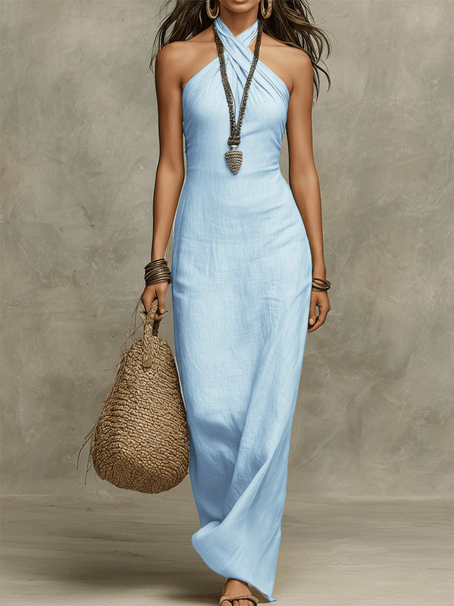 Avelina™ – Voluminous Cotton & Linen Halter Maxi Dress